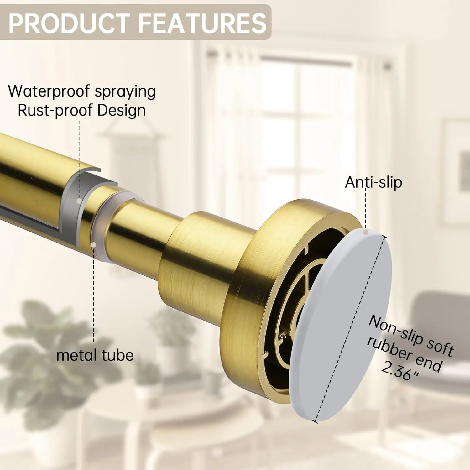 BRIOFOX Shower Curtain Rod Adjustable 18-50 Inch, Spring Tension Shower Rod No Drilling Non Slip, Brushed Gold