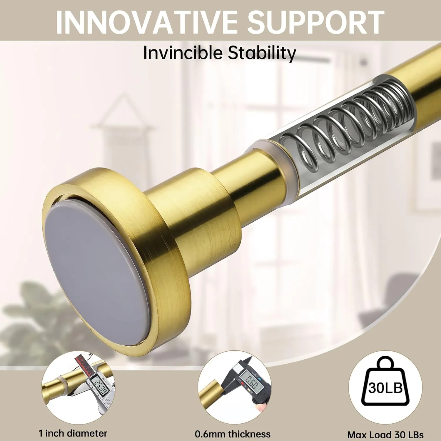 BRIOFOX Shower Curtain Rod Adjustable 18-50 Inch, Spring Tension Shower Rod No Drilling Non Slip, Brushed Gold