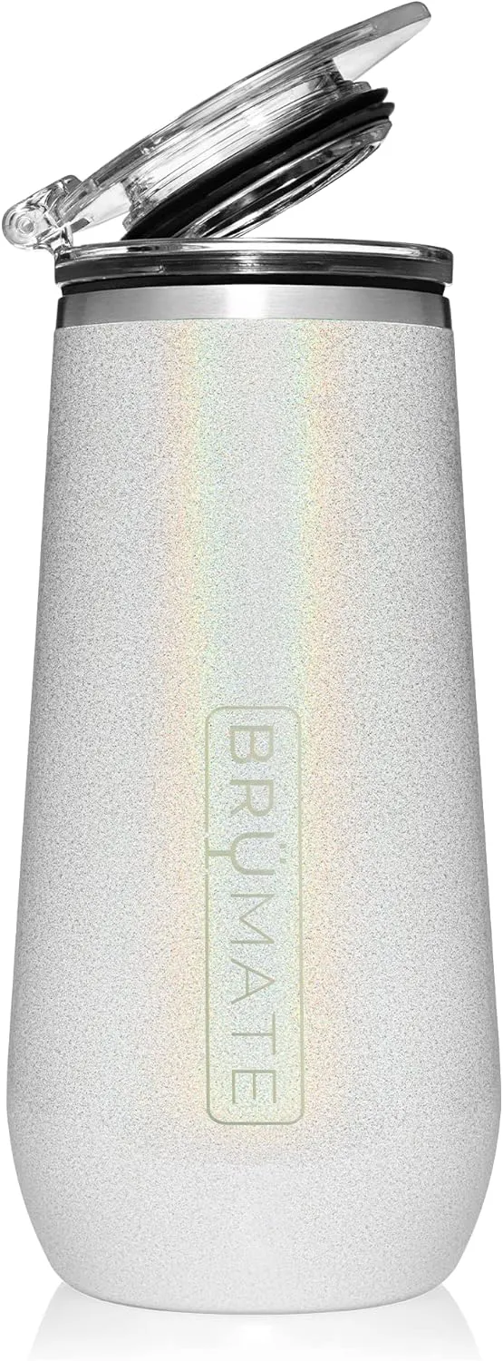 BrüMate 12oz Insulated Champagne Flute With Flip-Top Lid - Made With Vacuum Insulated Stainless Steel (Glitter White)