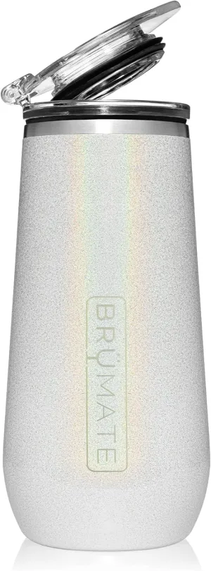 BrüMate 12oz Insulated Champagne Flute With Flip-Top Lid - Made With Vacuum Insulated Stainless Steel (Glitter White)