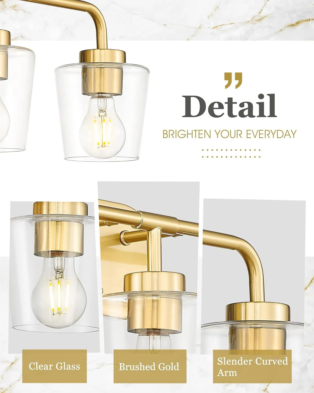 Brushed Gold Bathroom Light Fixtures, 2-Light Vanity Lights with Clear Glass, Modern Champagne Bronze Vanity Lighting Fixtures Over Mirror, AD-22004-2W-GD-C