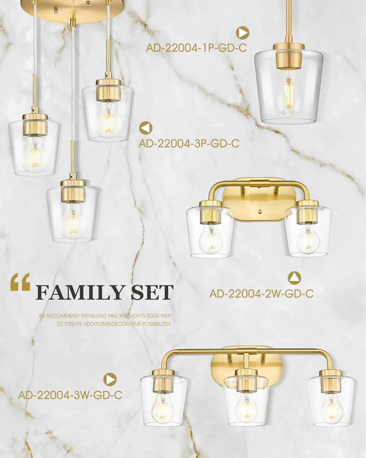 Brushed Gold Bathroom Light Fixtures, 2-Light Vanity Lights with Clear Glass, Modern Champagne Bronze Vanity Lighting Fixtures Over Mirror, AD-22004-2W-GD-C