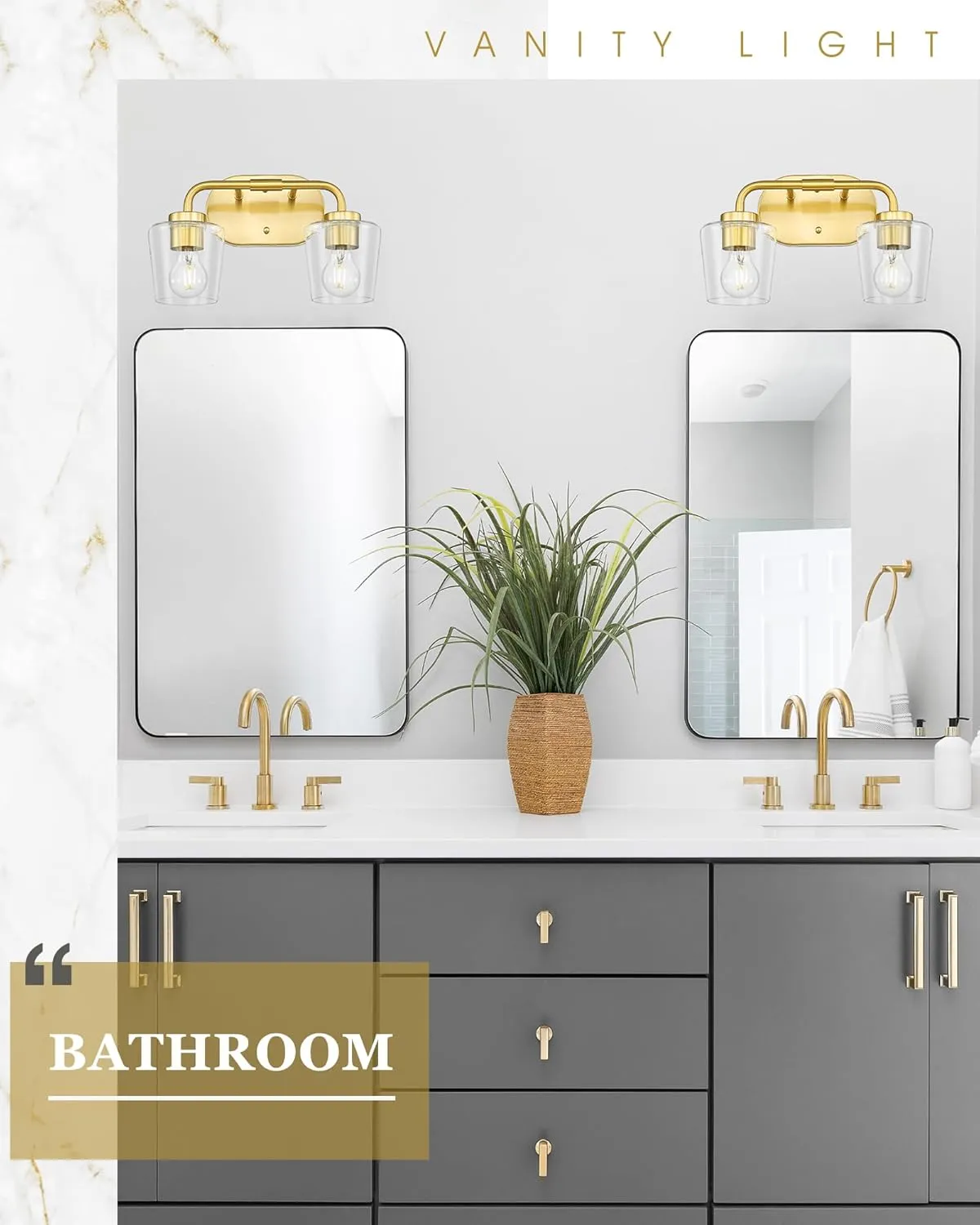 Brushed Gold Bathroom Light Fixtures, 2-Light Vanity Lights with Clear Glass, Modern Champagne Bronze Vanity Lighting Fixtures Over Mirror, AD-22004-2W-GD-C