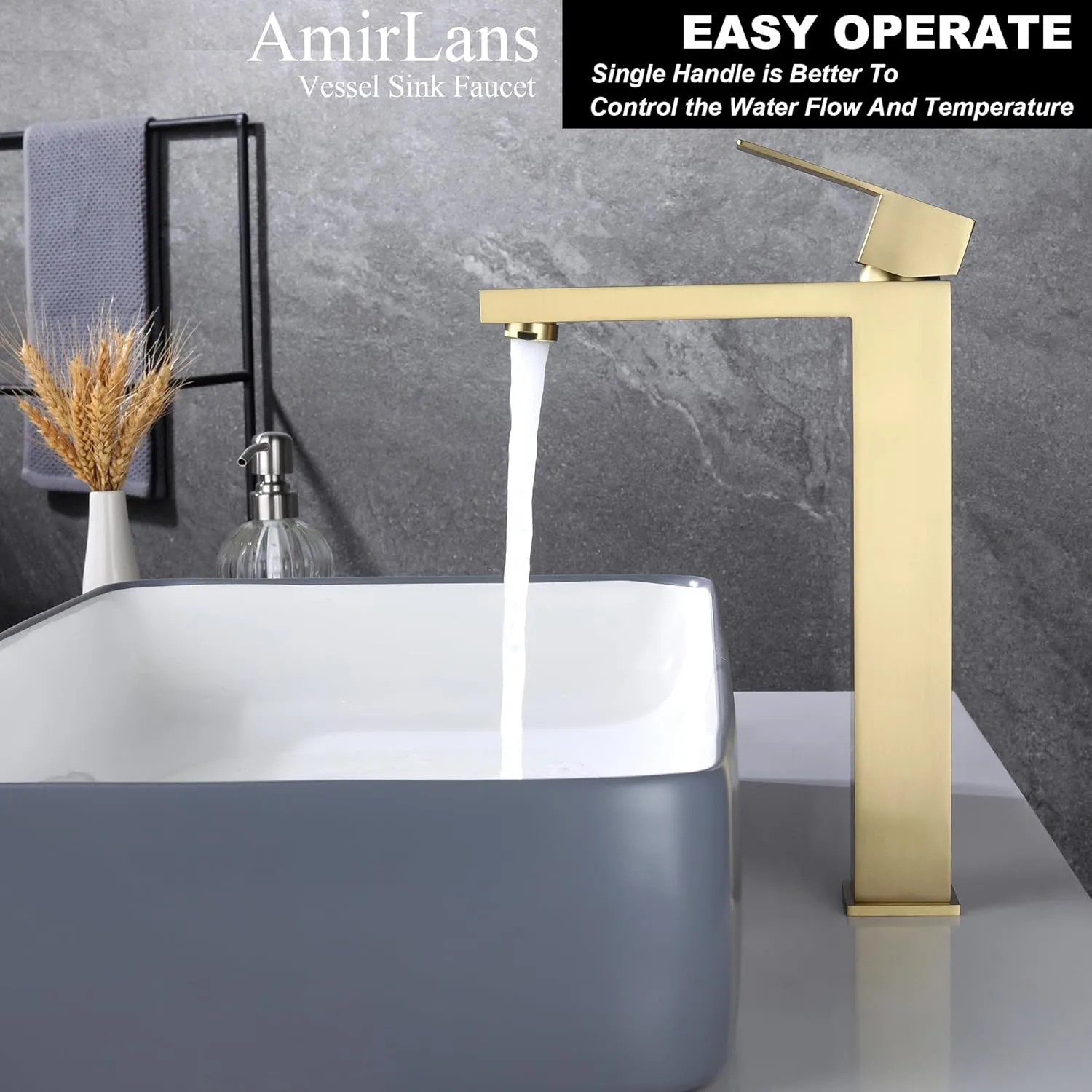 Brushed Gold Vessel Sink Faucet Bathroom, Gold Bathroom Faucet Single Hole, Tall Bathroom Sink Faucet with Pop Up Drain, AML-11411-BG …