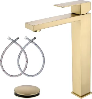 Brushed Gold Vessel Sink Faucet Bathroom, Gold Bathroom Faucet Single Hole, Tall Bathroom Sink Faucet with Pop Up Drain, AML-11411-BG …