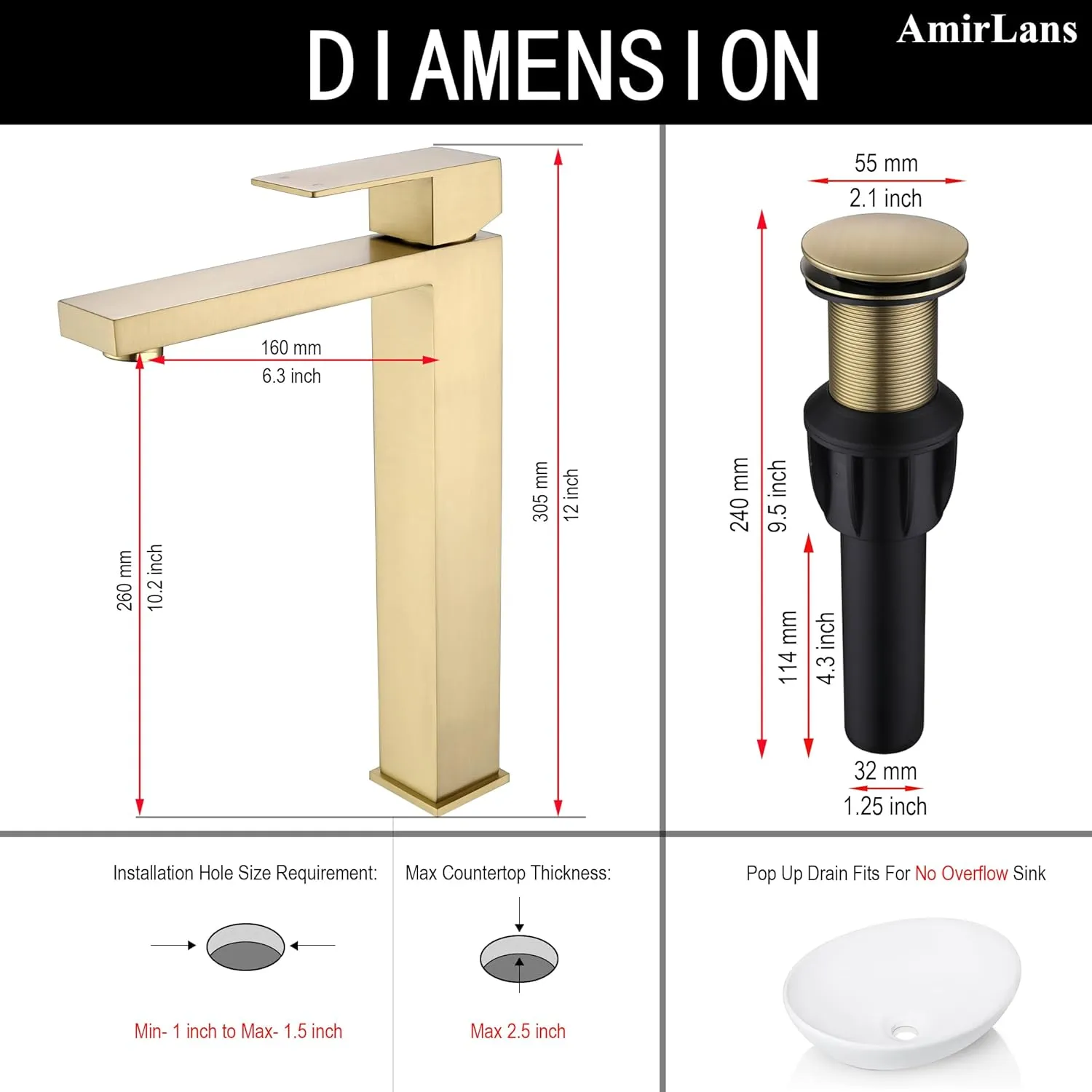 Brushed Gold Vessel Sink Faucet Bathroom, Gold Bathroom Faucet Single Hole, Tall Bathroom Sink Faucet with Pop Up Drain, AML-11411-BG …