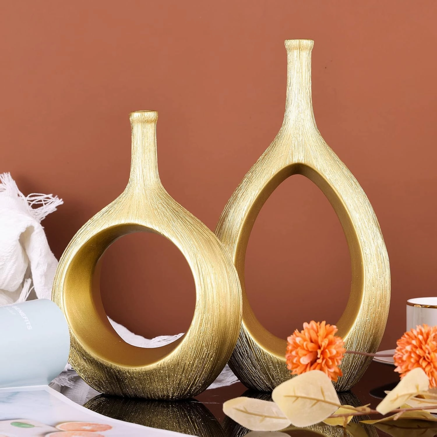 Brushed Gold Ceramic Vase Set 2,Modern Hollow Circle with Hole Flower Vase for Home Decor,for Table Centerpieces,Farmhouse,Fire Place,Living Room,Bedroom,Office,Bookshelf,Rustic Decor