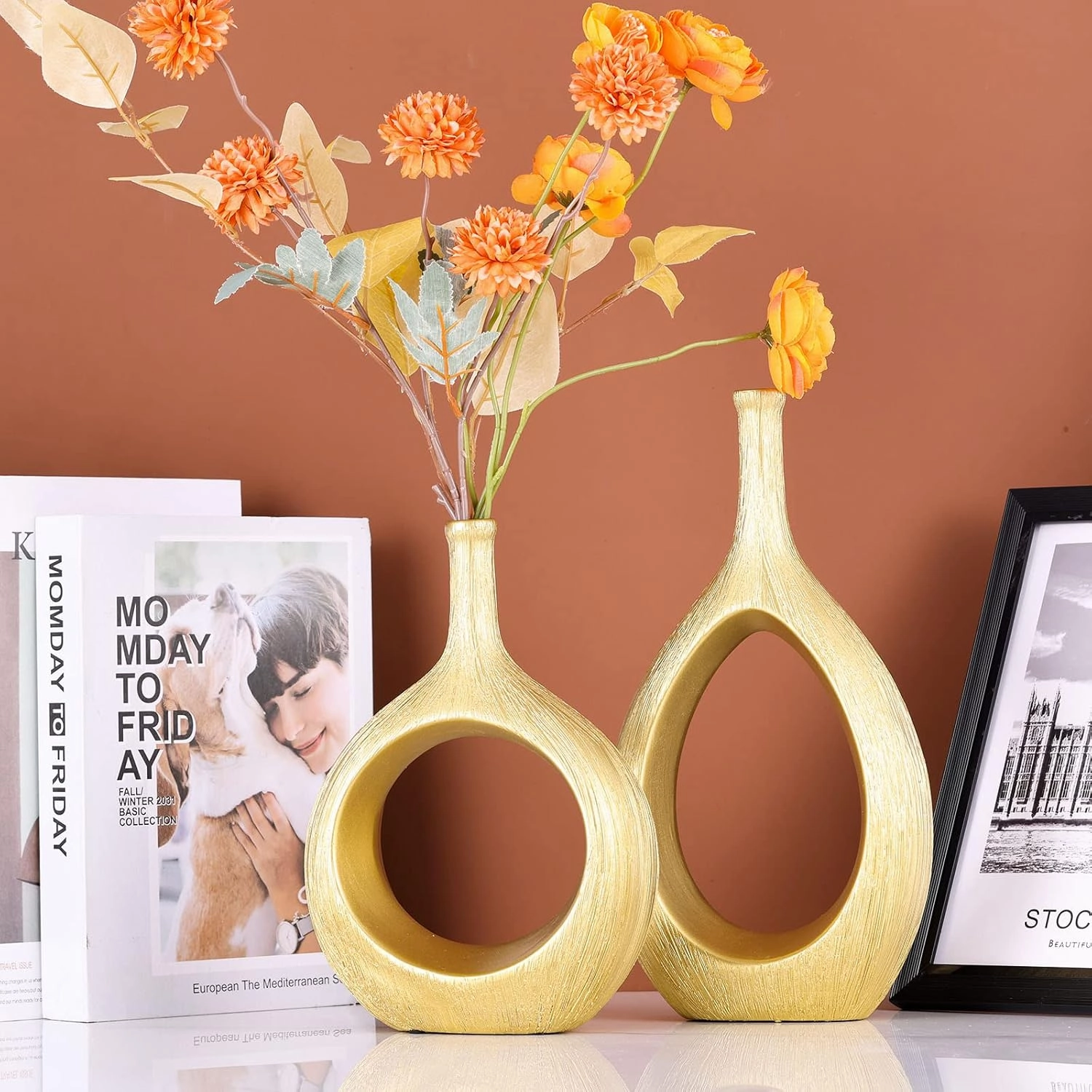 Brushed Gold Ceramic Vase Set 2,Modern Hollow Circle with Hole Flower Vase for Home Decor,for Table Centerpieces,Farmhouse,Fire Place,Living Room,Bedroom,Office,Bookshelf,Rustic Decor