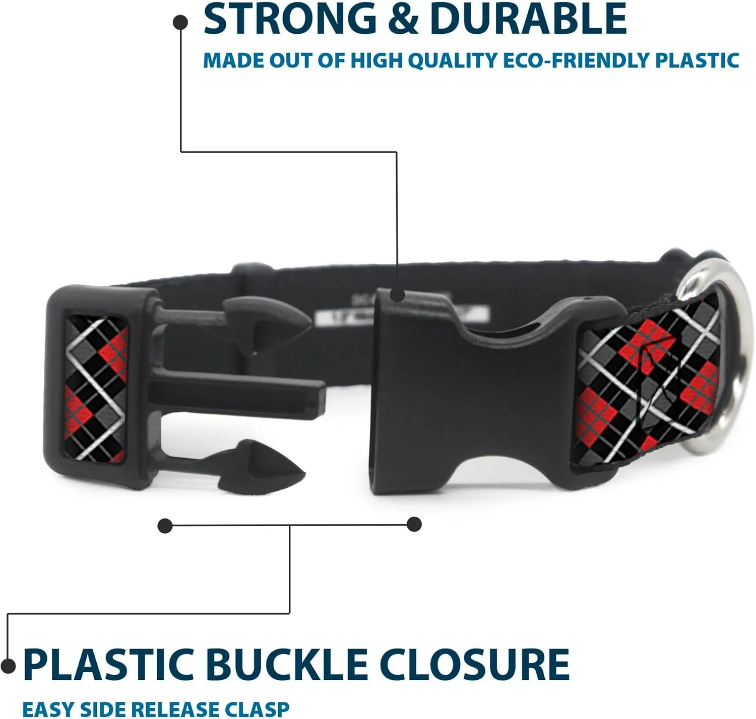 Buckle-Down Plastic Clip Collar - Argyle Black/Gray/Red - 1" Wide - Fits 11-17" Neck - Medium
