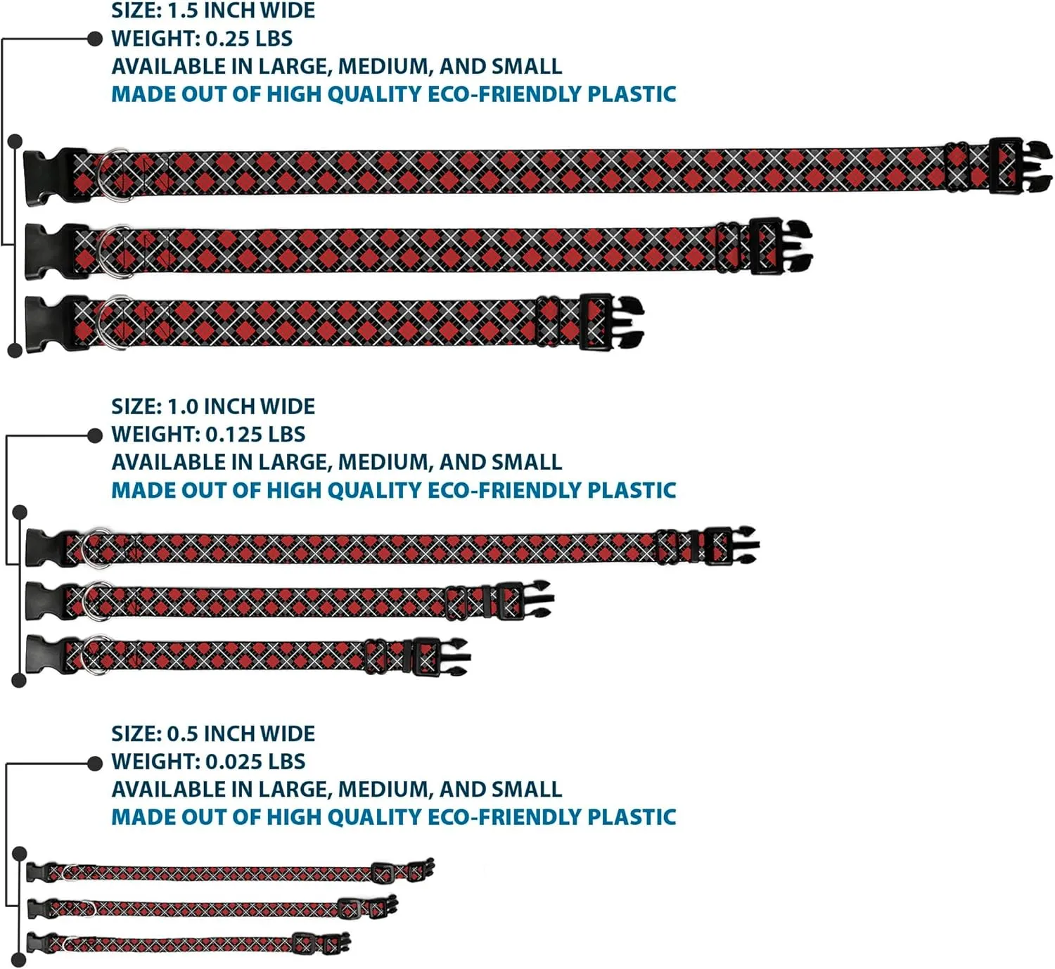 Buckle-Down Plastic Clip Collar - Argyle Black/Gray/Red - 1" Wide - Fits 11-17" Neck - Medium
