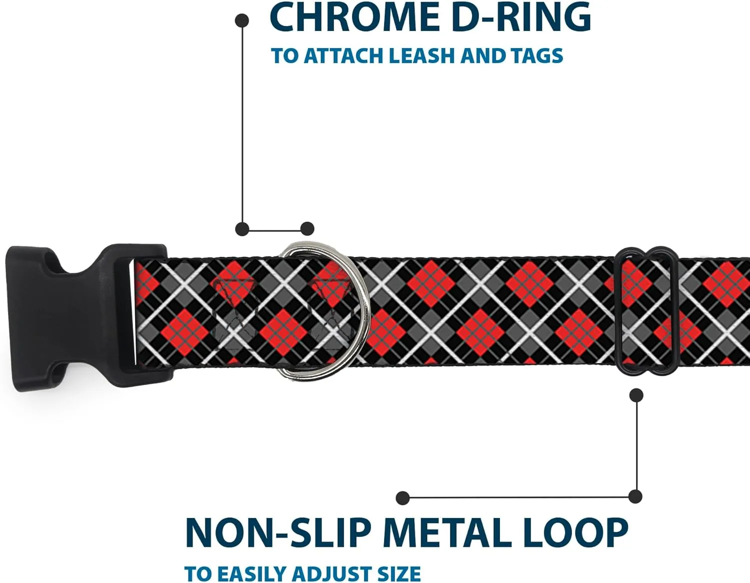 Buckle-Down Plastic Clip Collar - Argyle Black/Gray/Red - 1" Wide - Fits 11-17" Neck - Medium
