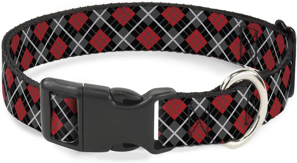 Buckle-Down Plastic Clip Collar - Argyle Black/Gray/Red - 1" Wide - Fits 11-17" Neck - Medium
