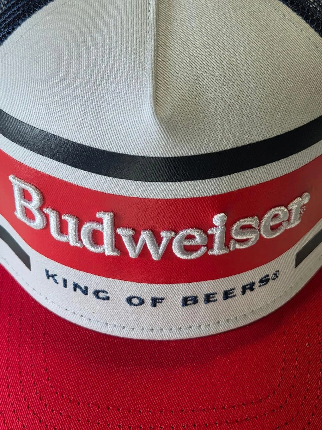 Budweiser King of Beers Trucker Hat, Red and Navy Mesh Snapback Cap, White Front Panel