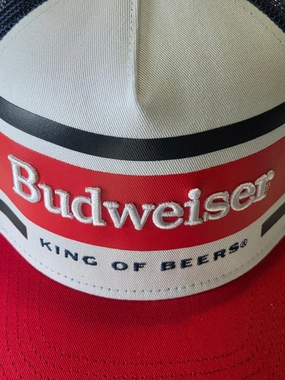 Budweiser King of Beers Trucker Hat, Red and Navy Mesh Snapback Cap, White Front Panel