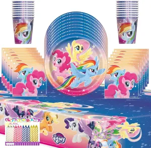 Bundle of 5 Items My Little Pony Party Supplies Pack Serves 16 Plates Napkins Cups and Table Cover Includes Birthday Candles