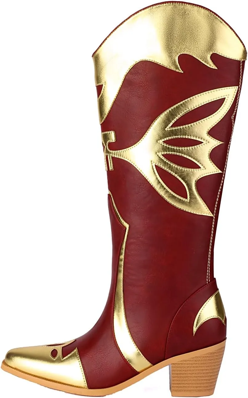 Butterfly Cowboy Boots for Women,Western Knee High Cowgirl Boot Vintage Sexy Pointed Toe Country boots Slip On Chunky Heel Girls Ladies Shoes.