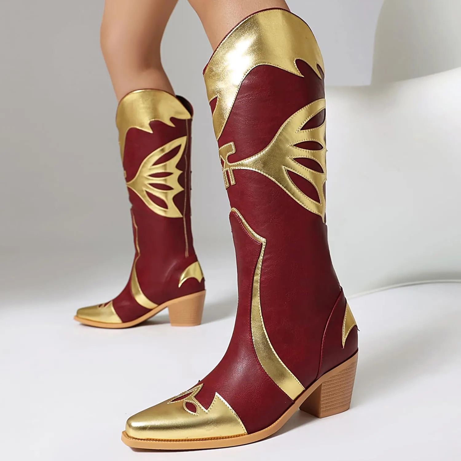 Butterfly Cowboy Boots for Women,Western Knee High Cowgirl Boot Vintage Sexy Pointed Toe Country boots Slip On Chunky Heel Girls Ladies Shoes.
