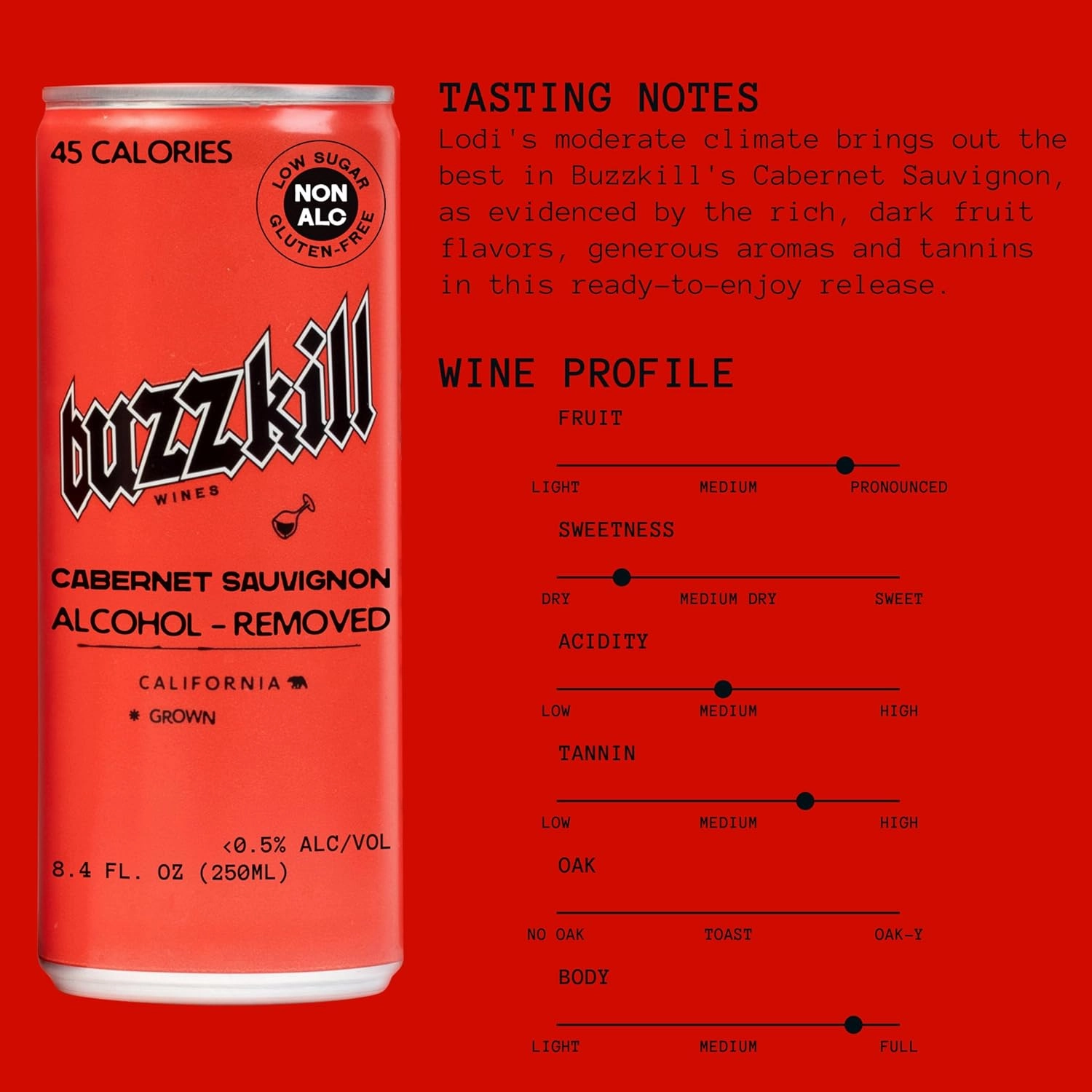 Buzzkill Wines - Non-Alcoholic Cabernet Sauvignon | Dealcoholized California Dry Red Wine, Gluten-Free, Alcohol-Free, Low Sugar, 45 Calories, Pack of 4, (8.4 fl. oz. each can) 33.8 FL Oz
