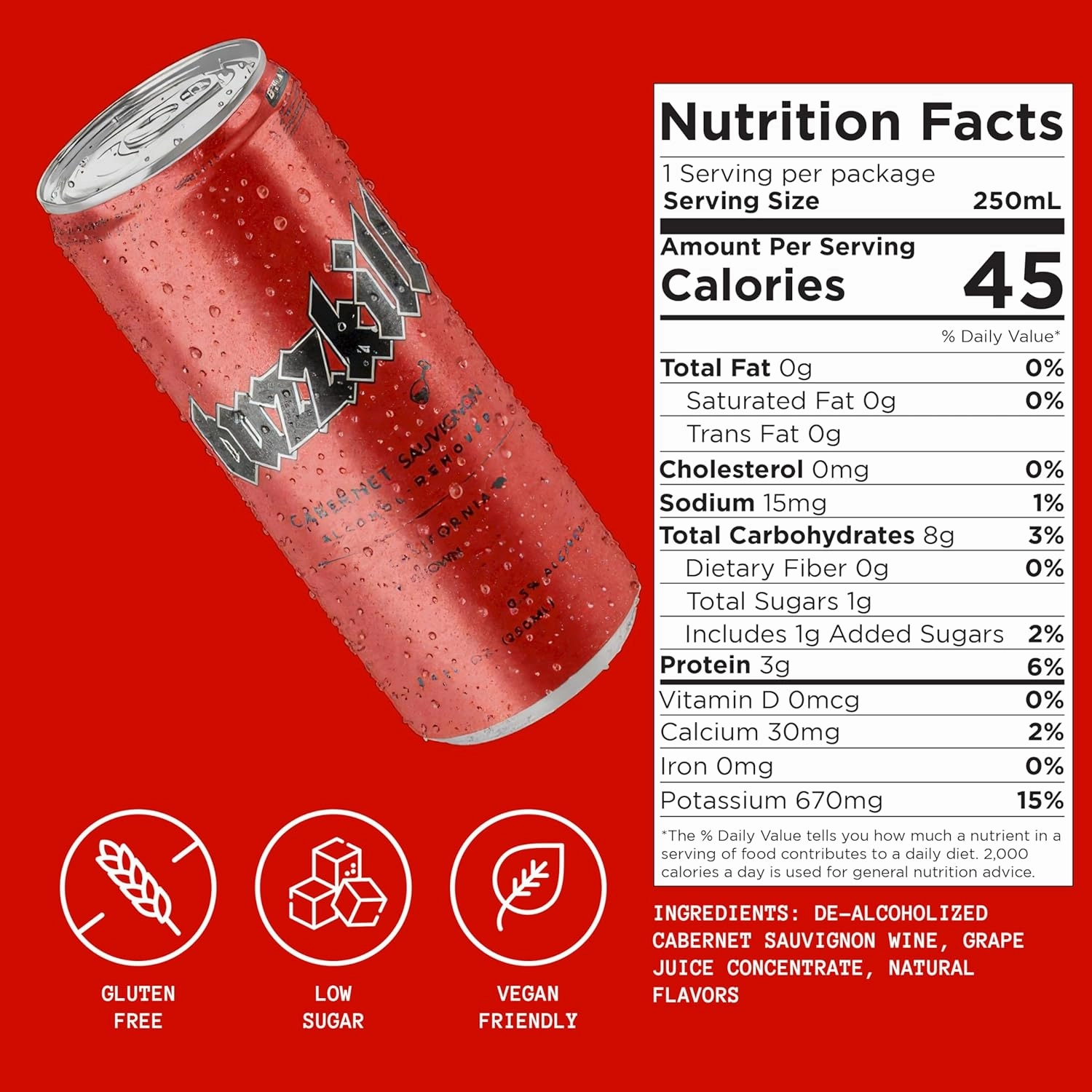 Buzzkill Wines - Non-Alcoholic Cabernet Sauvignon | Dealcoholized California Dry Red Wine, Gluten-Free, Alcohol-Free, Low Sugar, 45 Calories, Pack of 4, (8.4 fl. oz. each can) 33.8 FL Oz