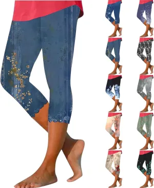 Capri Leggings for Women Floral Print High Waist Tummy Control Capris Comfy Stretch Cropped Yoga Pants Summer Outfits