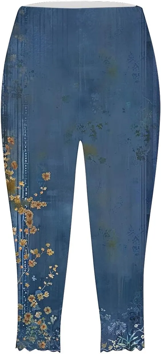 Capri Leggings for Women Floral Print High Waist Tummy Control Capris Comfy Stretch Cropped Yoga Pants Summer Outfits