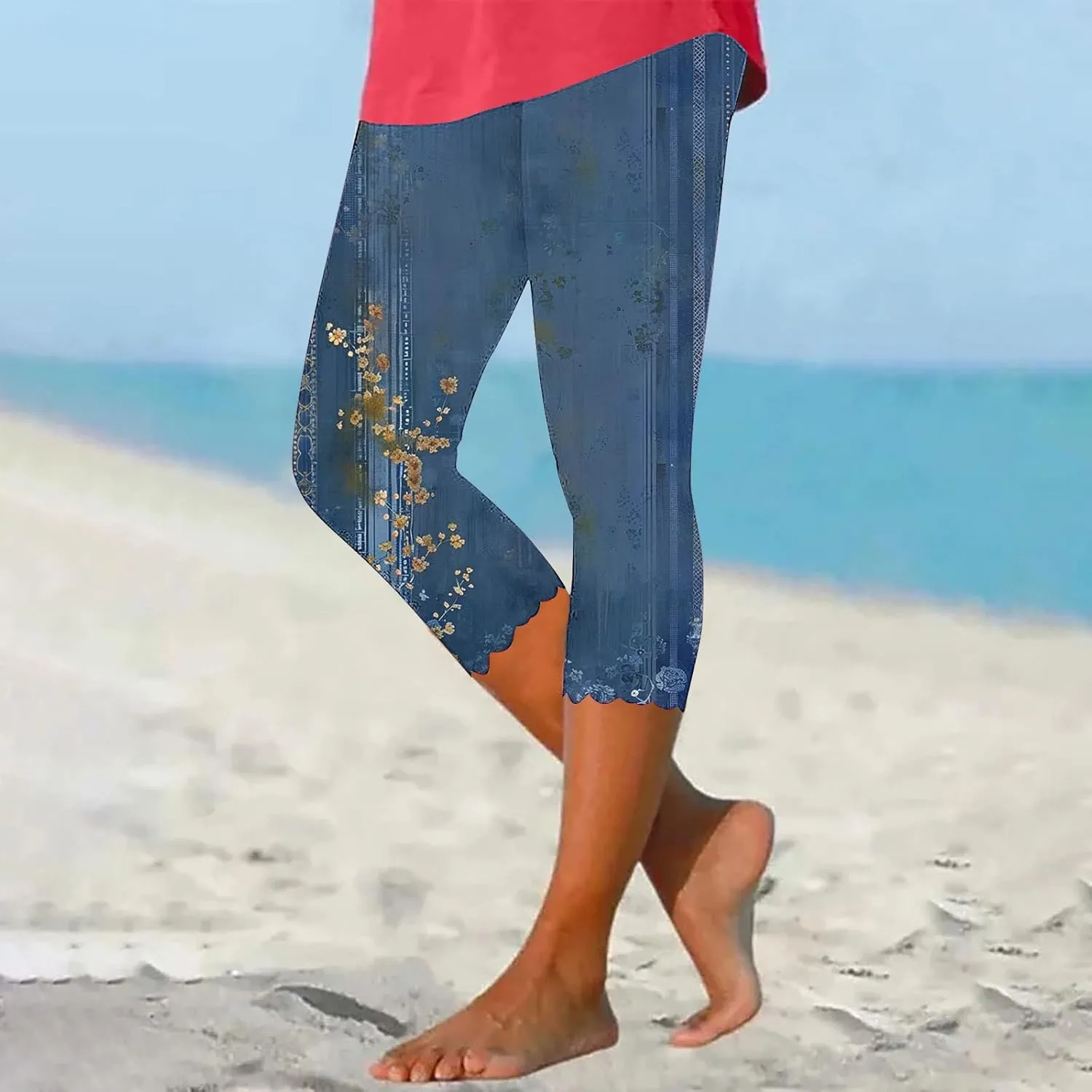 Capri Leggings for Women Floral Print High Waist Tummy Control Capris Comfy Stretch Cropped Yoga Pants Summer Outfits