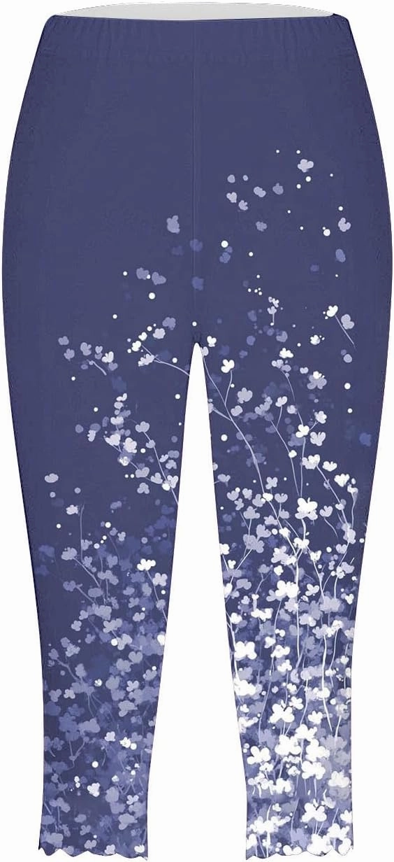 Capri Leggings for Women Floral Print High Waist Tummy Control Capris Comfy Stretch Cropped Yoga Pants Summer Outfits