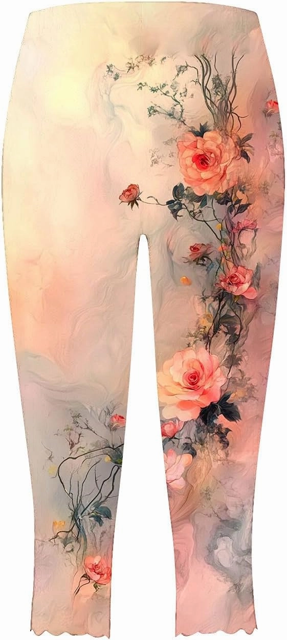 Capri Leggings for Women Floral Print High Waist Tummy Control Capris Comfy Stretch Cropped Yoga Pants Summer Outfits