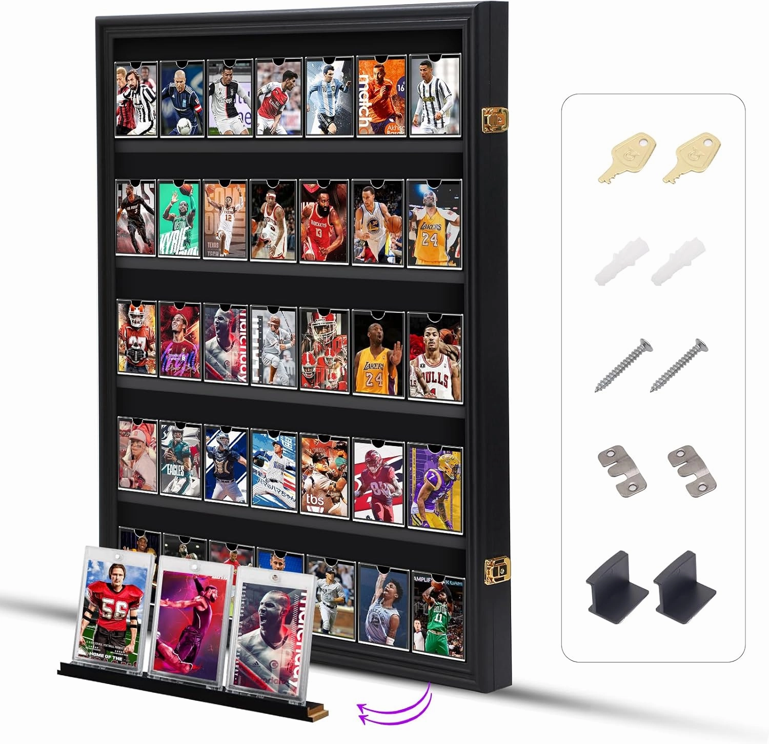 Card Display Case, 36 Graded Sports Card Display for Basketball Football Hockey Trading Cards with UV Protection Acrylic, Lockable Wall Display Frame (Vertical 1-Pack)