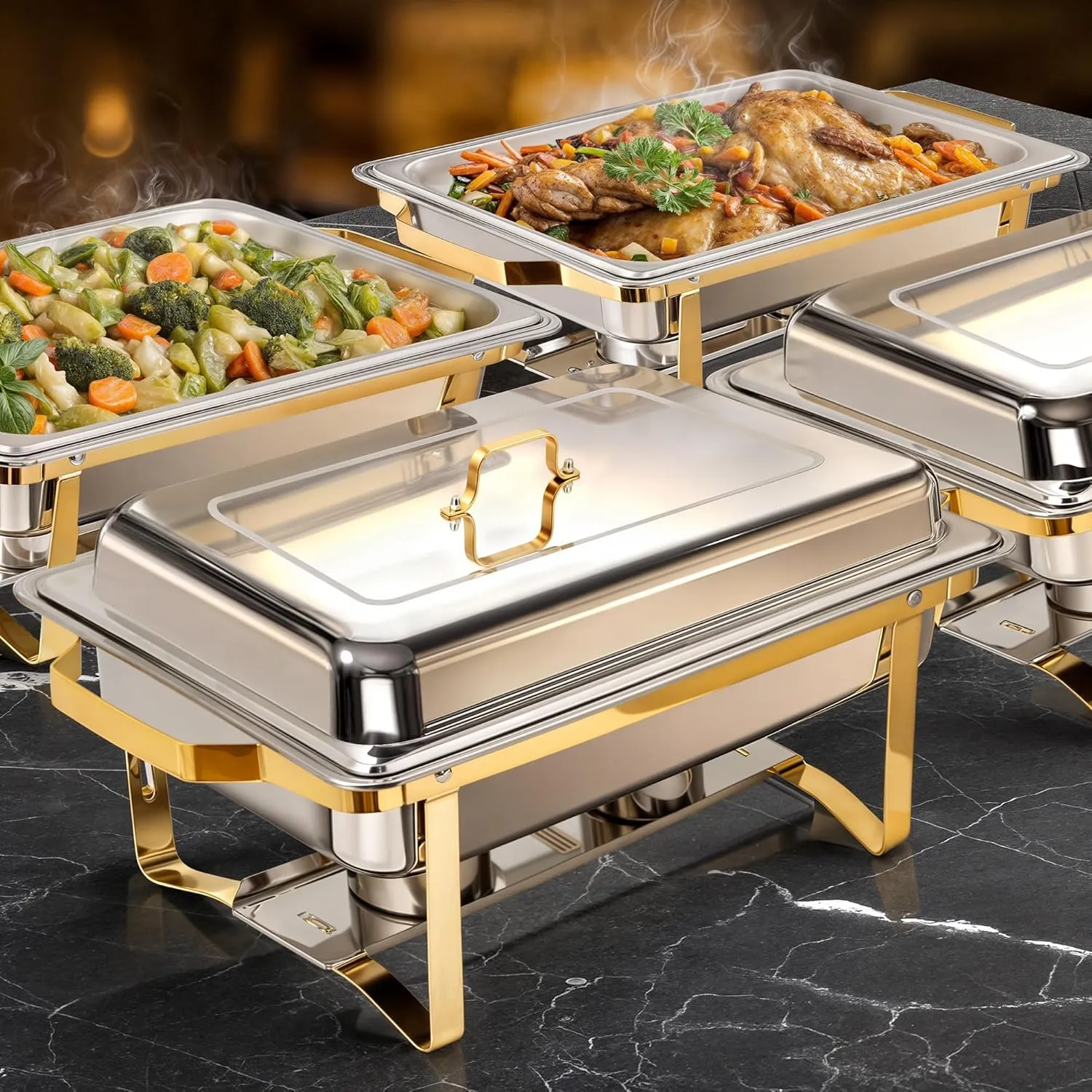 Chafing Dish Buffet Set 9 Qt Stainless Steel Complete Chafer Set Catering Warmer Set with Foldable Frame for Parties, Dinners, Catering, Buffet and Weddings 4 Golden