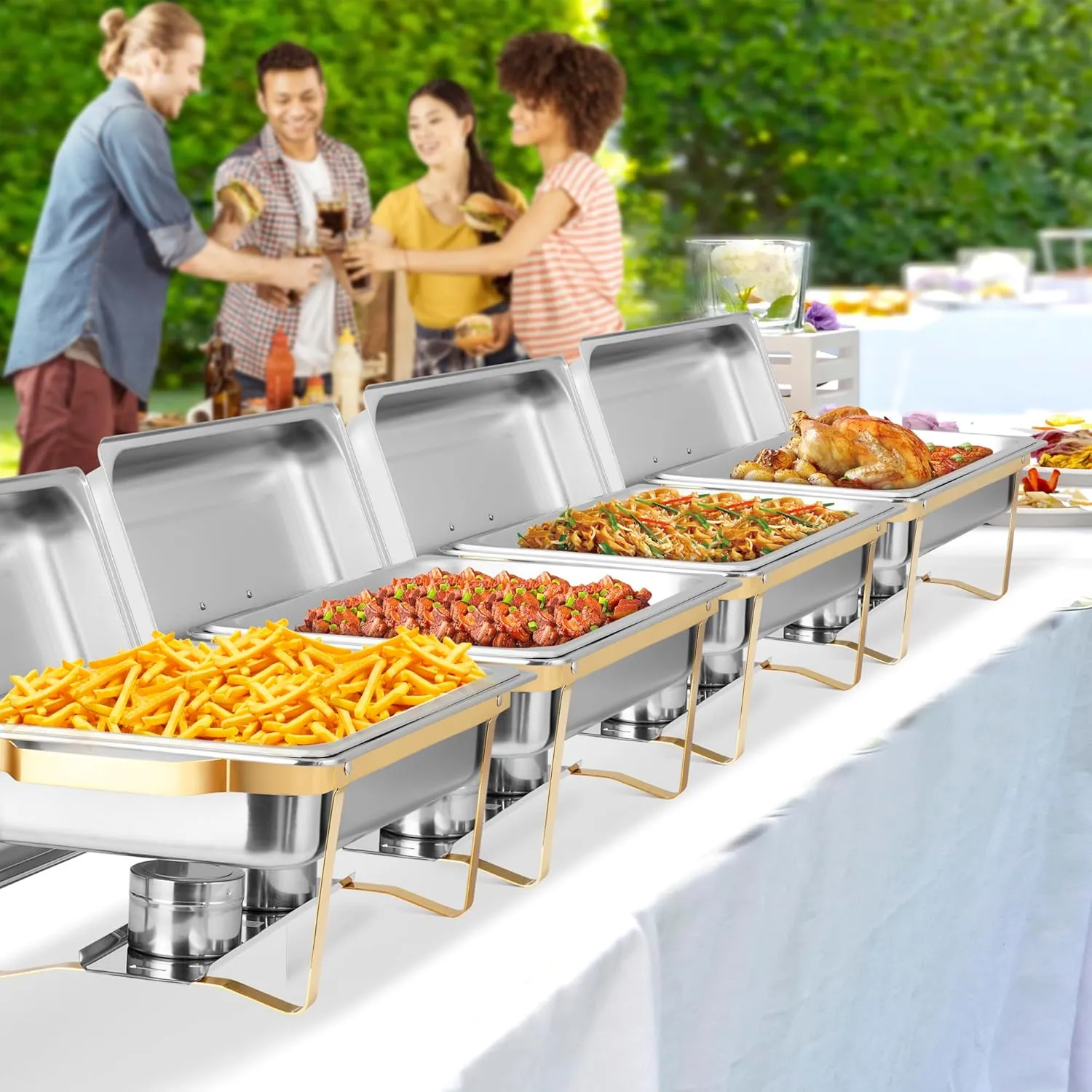 Chafing Dish Buffet Set 9 Qt Stainless Steel Complete Chafer Set Catering Warmer Set with Foldable Frame for Parties, Dinners, Catering, Buffet and Weddings 4 Golden