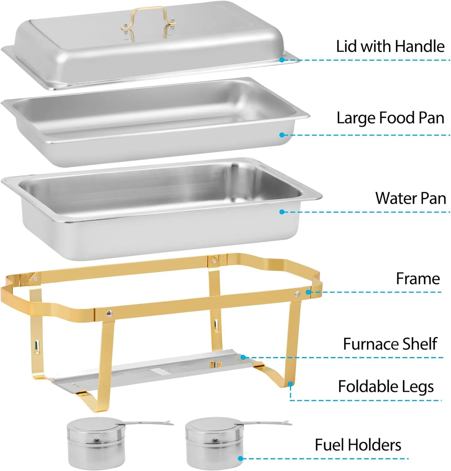Chafing Dish Buffet Set 9 Qt Stainless Steel Complete Chafer Set Catering Warmer Set with Foldable Frame for Parties, Dinners, Catering, Buffet and Weddings 4 Golden