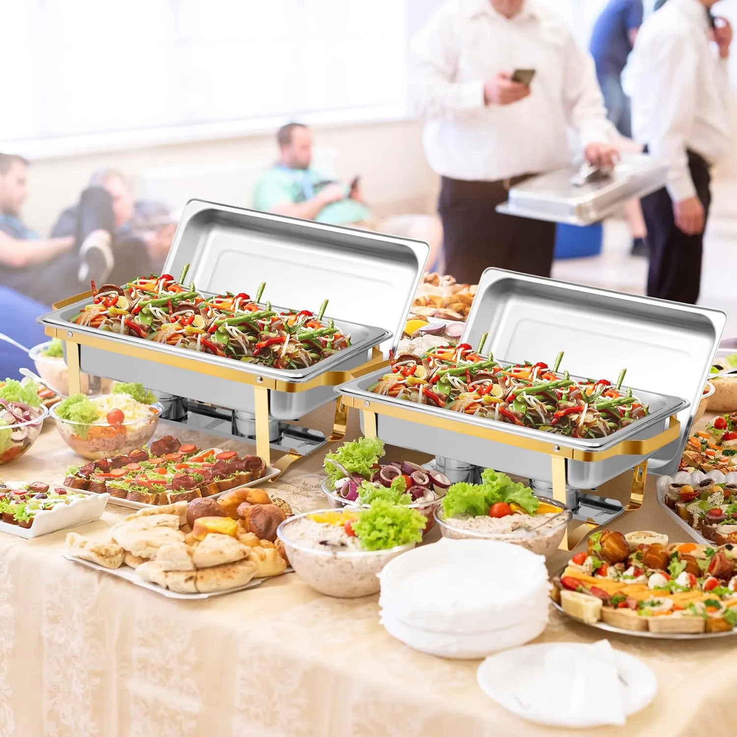 Chafing Dish Buffet Set 9 Qt Stainless Steel Complete Chafer Set Catering Warmer Set with Foldable Frame for Parties, Dinners, Catering, Buffet and Weddings 4 Golden