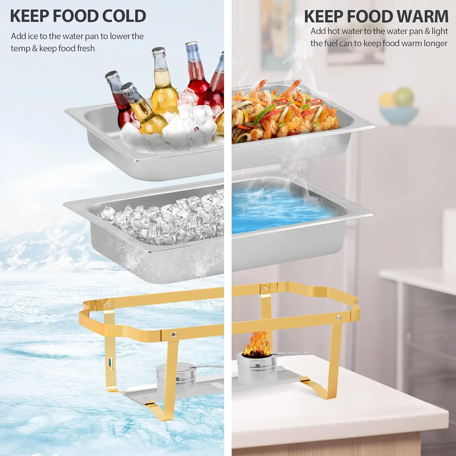 Chafing Dish Buffet Set 9 Qt Stainless Steel Complete Chafer Set Catering Warmer Set with Foldable Frame for Parties, Dinners, Catering, Buffet and Weddings 4 Golden