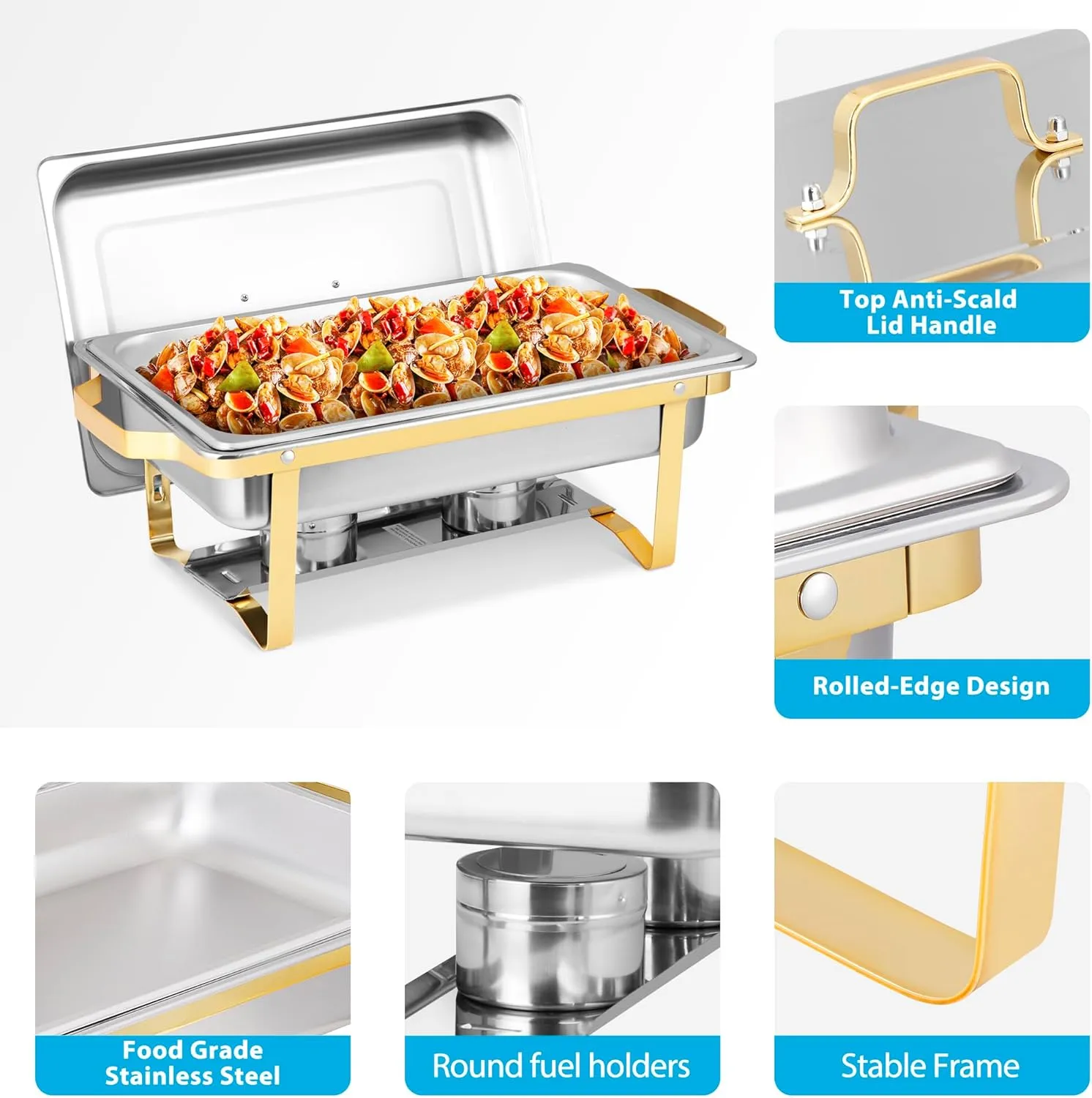 Chafing Dish Buffet Set 9 Qt Stainless Steel Complete Chafer Set Catering Warmer Set with Foldable Frame for Parties, Dinners, Catering, Buffet and Weddings 4 Golden