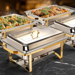 Chafing Dish Buffet Set 9 Qt Stainless Steel Complete Chafer Set Catering Warmer Set with Foldable Frame for Parties, Dinners, Catering, Buffet and Weddings 4 Golden