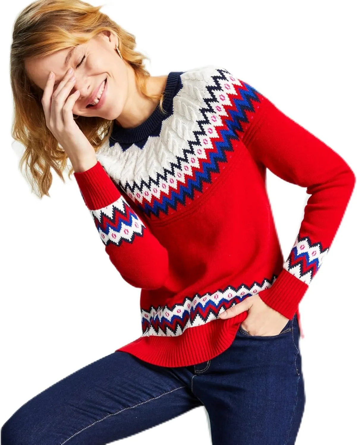 Charter Club Damask Petite Multicolor Fair Isle Sweater Ravishing Red Combo PXL
