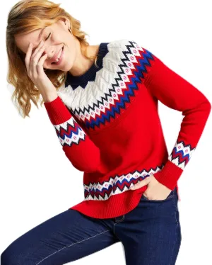Charter Club Damask Petite Multicolor Fair Isle Sweater Ravishing Red Combo PXL