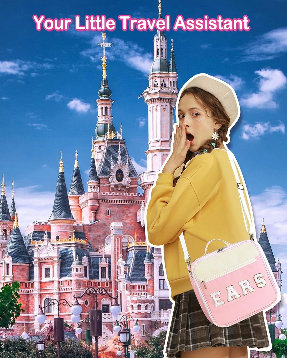 Chenille Letter Mouse Ears Headband Bag Holder Travel Case with Shoulder Strap Multipocket 11"x11"x4.5"