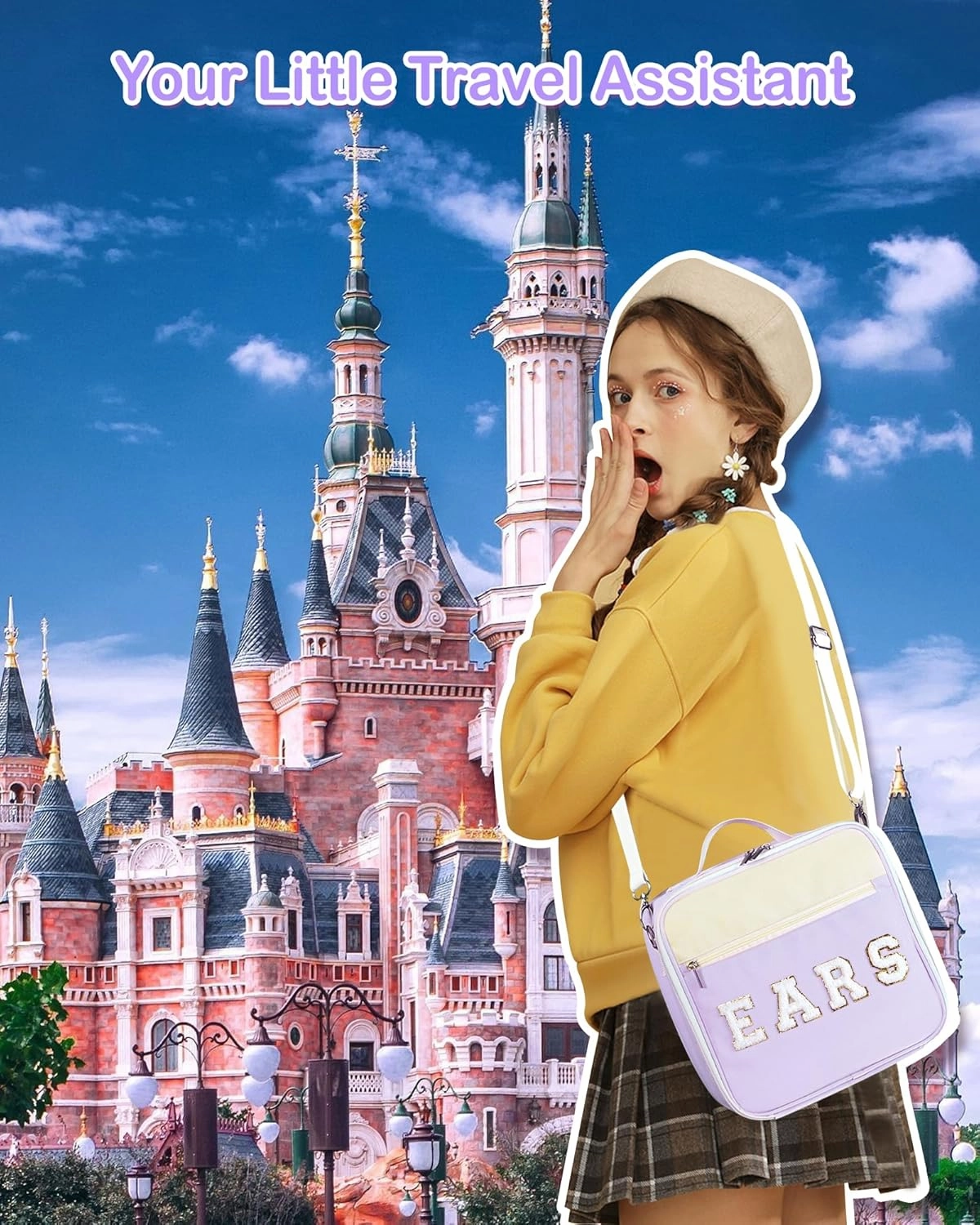 Chenille Letter Mouse Ears Headband Bag Holder Travel Case with Shoulder Strap Multipocket 11"x11"x4.5"