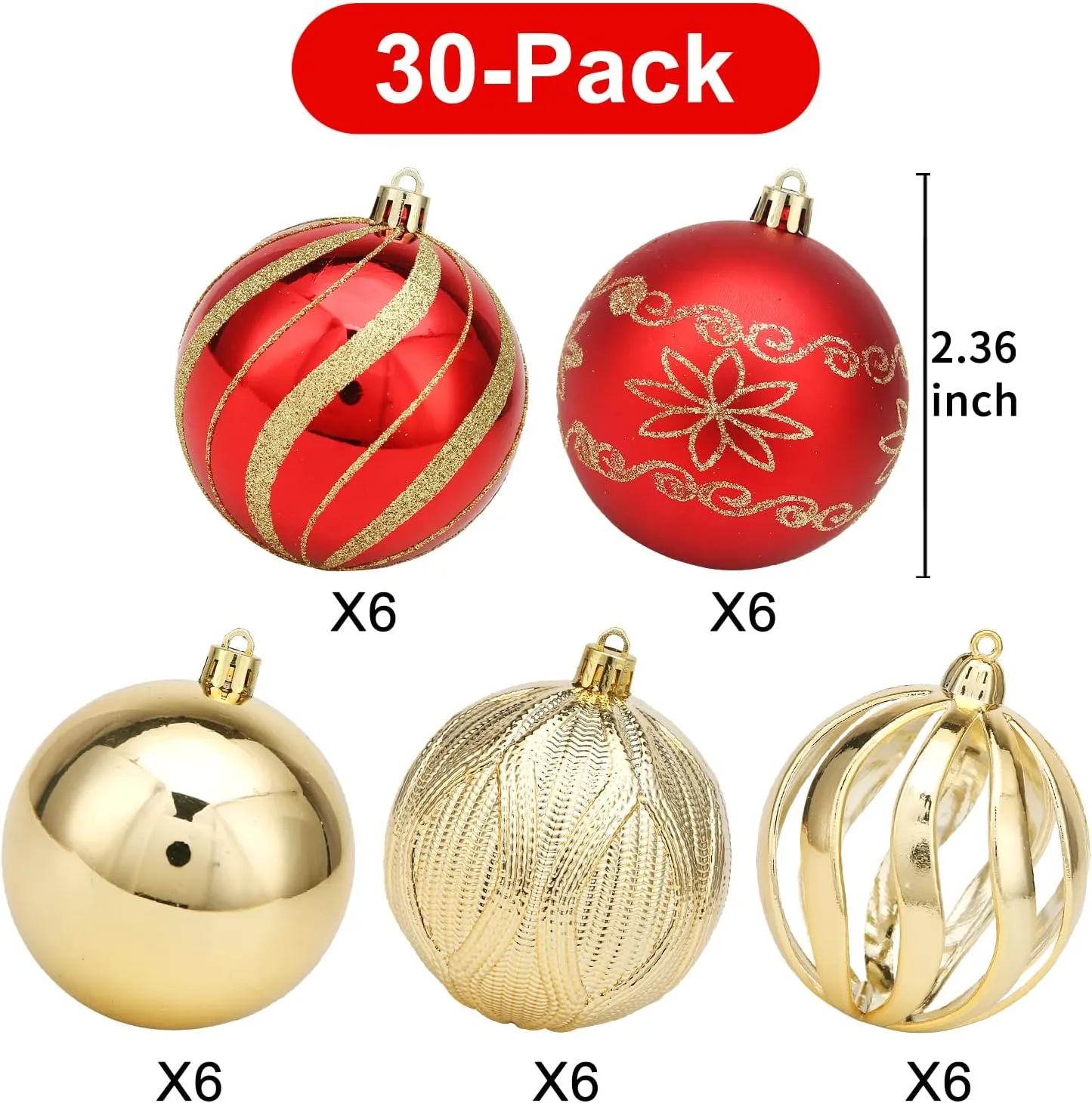 Christmas Ball Ornaments, 30 pcs 2.36" Shatterproof Baubles Set Red and Gold for Xmas Tree Decorations, Hanging Ornaments for Wedding Party