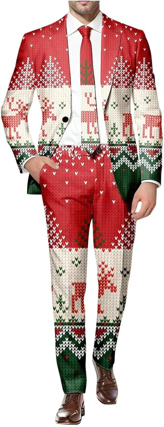 Christmas Suit for Men 2 Piece trajes navideños para Hombre Funny Snowflake Print Holiday Party Suits Festive Outfits