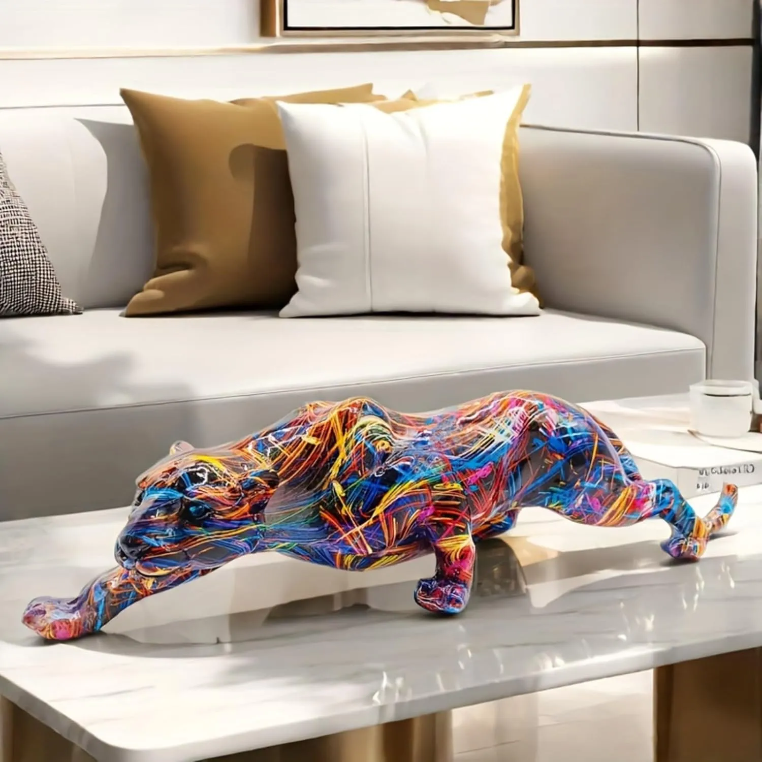 Colorful Leopard Statue Collectible Figurines Sculpture, 15.5-inch Creative Elegant Leopard Ornament, The for Christmas, Home Office Bedroom Ornament