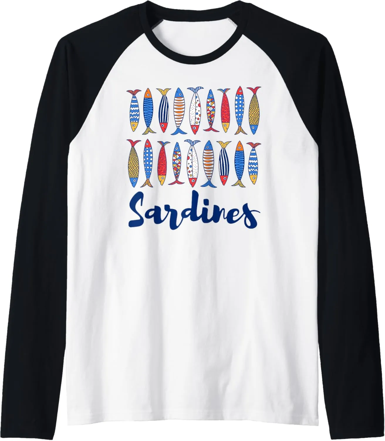 Colorful Sardines Fish Row Whimsical Folk Art Graphic Raglan Baseball Tee