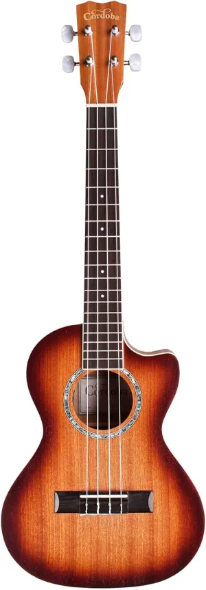 Cordoba 15TM-CE Tenor Ukulele - Acoustic-Electric Cutaway Uke, Hand Crafted with Mahogany Top, Back & Sides, Authentic Abalone Rosette, Satin Edge Burst Finish & Premium Italian Aquila Strings