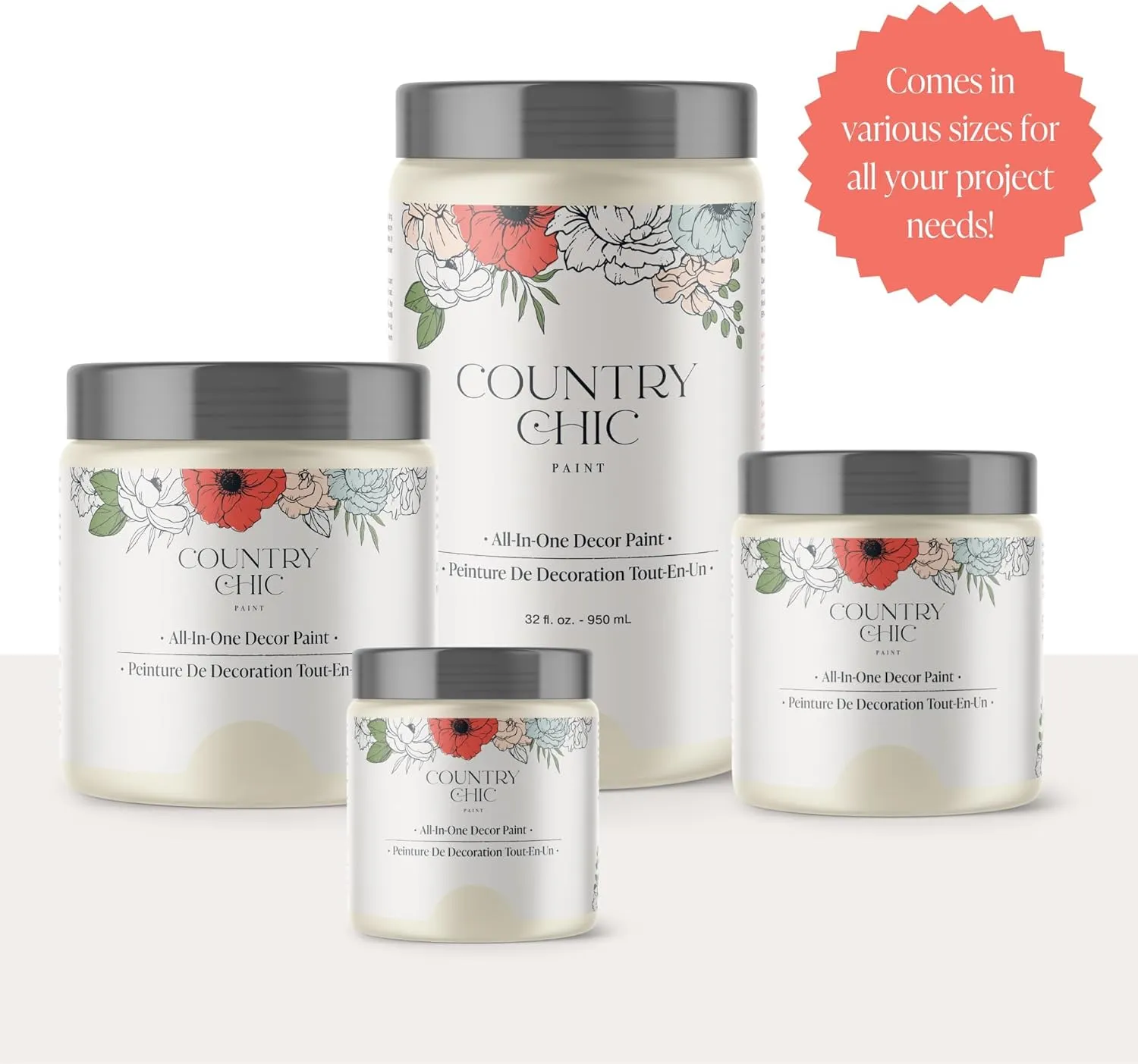 Country Chic All-in-One Chalk Paint for Furniture, Cabinets, Home Decor, Eco-Friendly, Matte Finish, Built-In Primer & Top Coat for Wood, Metal - Crinoline (Off White) - Quart 32 oz (950 ml)