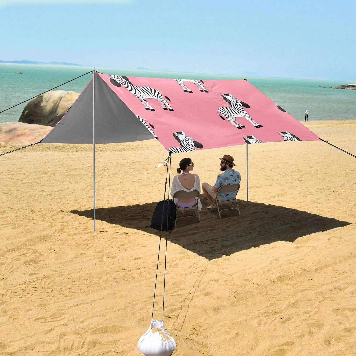 Cute Zebras Print Pink Beach Canopy Tent Sun Shade Outdoor Patio Aesthetic Sand Camping Sun Shelter Windproof with Anchor Poles Easy up 9.2 × 10.5 FT