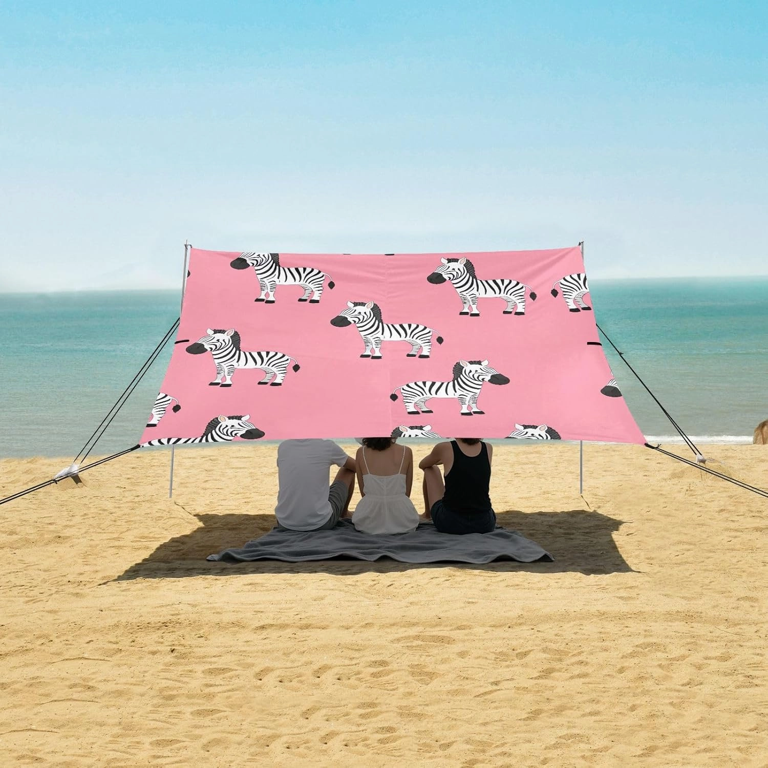 Cute Zebras Print Pink Beach Canopy Tent Sun Shade Outdoor Patio Aesthetic Sand Camping Sun Shelter Windproof with Anchor Poles Easy up 9.2 × 10.5 FT