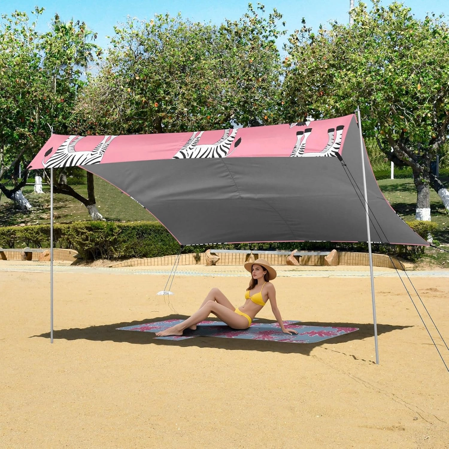 Cute Zebras Print Pink Beach Canopy Tent Sun Shade Outdoor Patio Aesthetic Sand Camping Sun Shelter Windproof with Anchor Poles Easy up 9.2 × 10.5 FT