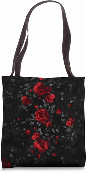 Dark Fantasy Rose Design Red Blooms Dark Foliage Gothic Tote Bag